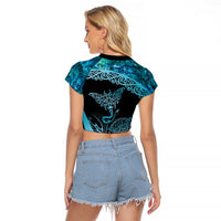 New Zealand Stingray Raglan Cropped T Shirt Aotearoa Whai With Maori Paua Shell LT14 - Polynesian Pride
