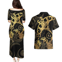 Black And Gold Aotearoa Whai Couples Matching Puletasi and Hawaiian Shirt NZ Stingrays Maori Curves Style LT14 - Polynesian Pride