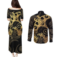 Black And Gold Aotearoa Whai Couples Matching Puletasi and Long Sleeve Button Shirt NZ Stingrays Maori Curves Style LT14 - Polynesian Pride