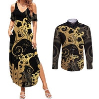 Black And Gold Aotearoa Whai Couples Matching Summer Maxi Dress and Long Sleeve Button Shirt NZ Stingrays Maori Curves Style LT14 Gold - Polynesian Pride