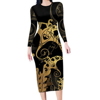 Black And Gold Aotearoa Whai Long Sleeve Bodycon Dress NZ Stingrays Maori Curves Style