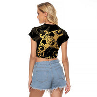 Black And Gold Aotearoa Whai Raglan Cropped T Shirt NZ Stingrays Maori Curves Style LT14 - Polynesian Pride