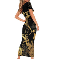 Black And Gold Aotearoa Whai Short Sleeve Bodycon Dress NZ Stingrays Maori Curves Style