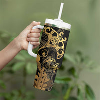 Black And Gold Aotearoa Whai Tumbler With Handle NZ Stingrays Maori Curves Style LT14 - Polynesian Pride