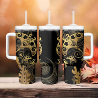 Black And Gold Aotearoa Whai Tumbler With Handle NZ Stingrays Maori Curves Style LT14 - Polynesian Pride
