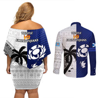Fiji And Scotland Rugby Couples Matching Off Shoulder Short Dress and Long Sleeve Button Shirts Fijian Tapa Pattern With Thistle LT14 - Polynesian Pride