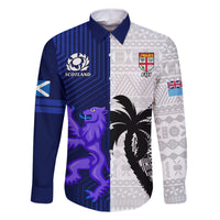 Fiji And Scotland Rugby Family Matching Long Sleeve Bodycon Dress and Hawaiian Shirt Fijian Tapa Pattern With Thistle LT14 Dad's Shirt - Long Sleeve Blue - Polynesian Pride