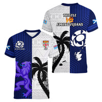 Fiji And Scotland Rugby Women V Neck T Shirt Fijian Tapa Pattern With Thistle LT14 - Polynesian Pride