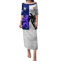 Custom Fiji And Scotland Rugby Puletasi Fijian Tapa Pattern With Thistle LT14 Long Dress Blue - Polynesian Pride
