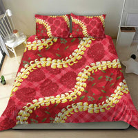 Red Palaka Hawaii Mele Kalikimaka Bedding Set Ohia Lehua Monstera Puakenikeni Lei - Polynesian Pride