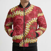 Red Palaka Hawaii Mele Kalikimaka Bomber Puffer Jacket Ohia Lehua Monstera Puakenikeni Lei - Polynesian Pride