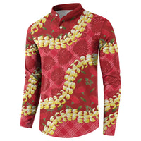 Red Palaka Hawaii Mele Kalikimaka Button Sweatshirt Ohia Lehua Monstera Puakenikeni Lei - Polynesian Pride
