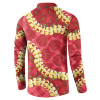 Red Palaka Hawaii Mele Kalikimaka Button Sweatshirt Ohia Lehua Monstera Puakenikeni Lei - Polynesian Pride