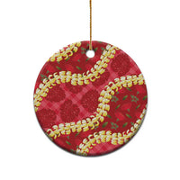 Red Palaka Hawaii Mele Kalikimaka Ceramic Ornament Ohia Lehua Monstera Puakenikeni Lei - Polynesian Pride