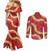 Red Palaka Hawaii Mele Kalikimaka Couples Matching Mermaid Dress and Long Sleeve Button Shirt Ohia Lehua Monstera Puakenikeni Lei - Polynesian Pride