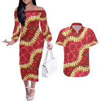 Red Palaka Hawaii Mele Kalikimaka Couples Matching Off The Shoulder Long Sleeve Dress and Hawaiian Shirt Ohia Lehua Monstera Puakenikeni Lei - Polynesian Pride