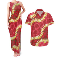 Red Palaka Hawaii Mele Kalikimaka Couples Matching Tank Maxi Dress and Hawaiian Shirt Ohia Lehua Monstera Puakenikeni Lei - Polynesian Pride