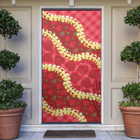 Red Palaka Hawaii Mele Kalikimaka Door Cover Ohia Lehua Monstera Puakenikeni Lei - Polynesian Pride