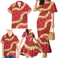 Red Palaka Hawaii Mele Kalikimaka Family Matching Mermaid Dress and Hawaiian Shirt Ohia Lehua Monstera Puakenikeni Lei - Polynesian Pride