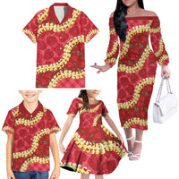 Red Palaka Hawaii Mele Kalikimaka Family Matching Off The Shoulder Long Sleeve Dress and Hawaiian Shirt Ohia Lehua Monstera Puakenikeni Lei - Polynesian Pride