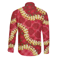 Red Palaka Hawaii Mele Kalikimaka Family Matching Off The Shoulder Long Sleeve Dress and Hawaiian Shirt Ohia Lehua Monstera Puakenikeni Lei - Polynesian Pride