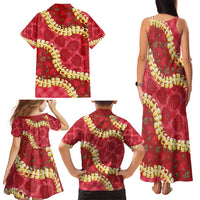 Red Palaka Hawaii Mele Kalikimaka Family Matching Tank Maxi Dress and Hawaiian Shirt Ohia Lehua Monstera Puakenikeni Lei - Polynesian Pride