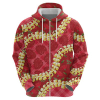 Red Palaka Hawaii Mele Kalikimaka Hoodie Ohia Lehua Monstera Puakenikeni Lei - Polynesian Pride