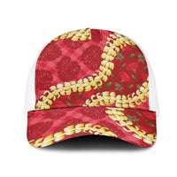 Red Palaka Hawaii Mele Kalikimaka Mesh Trucker Cap Ohia Lehua Monstera Puakenikeni Lei LT14 One Size White Red - Polynesian Pride