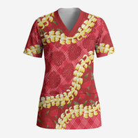 Red Palaka Hawaii Mele Kalikimaka Scrub Top Ohia Lehua Monstera Puakenikeni Lei - Polynesian Pride
