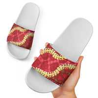 Red Palaka Hawaii Mele Kalikimaka Slide Sandals Ohia Lehua Monstera Puakenikeni Lei - Polynesian Pride