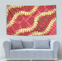 Red Palaka Hawaii Mele Kalikimaka Tapestry Ohia Lehua Monstera Puakenikeni Lei - Polynesian Pride