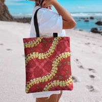 Red Palaka Hawaii Mele Kalikimaka Tote Bag Ohia Lehua Monstera Puakenikeni Lei - Polynesian Pride