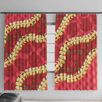 Red Palaka Hawaii Mele Kalikimaka Window Curtain Ohia Lehua Monstera Puakenikeni Lei - Polynesian Pride
