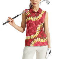 Red Palaka Hawaii Mele Kalikimaka Women Sleeveless Polo Shirt Ohia Lehua Monstera Puakenikeni Lei - Polynesian Pride