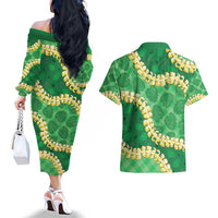 Green Palaka Hawaii Mele Kalikimaka Couples Matching Off The Shoulder Long Sleeve Dress and Hawaiian Shirt Ohia Lehua Monstera Puakenikeni Lei - Polynesian Pride