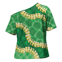 Green Palaka Hawaii Mele Kalikimaka Cross Shoulder Shirt Ohia Lehua Monstera Puakenikeni Lei - Polynesian Pride