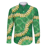 Green Palaka Hawaii Mele Kalikimaka Family Matching Off The Shoulder Long Sleeve Dress and Hawaiian Shirt Ohia Lehua Monstera Puakenikeni Lei - Polynesian Pride
