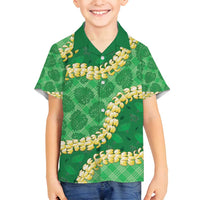 Green Palaka Hawaii Mele Kalikimaka Family Matching Off Shoulder Maxi Dress and Hawaiian Shirt Ohia Lehua Monstera Puakenikeni Lei - Polynesian Pride
