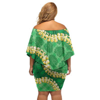 Green Palaka Hawaii Mele Kalikimaka Family Matching Off Shoulder Short Dress and Hawaiian Shirt Ohia Lehua Monstera Puakenikeni Lei - Polynesian Pride