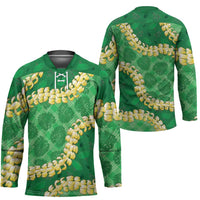 Green Palaka Hawaii Mele Kalikimaka Hockey Jersey Ohia Lehua Monstera Puakenikeni Lei - Polynesian Pride