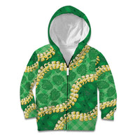 Green Palaka Hawaii Mele Kalikimaka Kid Hoodie Ohia Lehua Monstera Puakenikeni Lei - Polynesian Pride