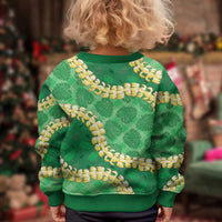 Green Palaka Hawaii Mele Kalikimaka Kid Ugly Christmas Sweater Ohia Lehua Monstera Puakenikeni Lei - Polynesian Pride
