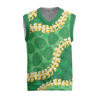 Green Palaka Hawaii Mele Kalikimaka Christmas Knitted V-Neck Vest Ohia Lehua Monstera Puakenikeni Lei - Polynesian Pride