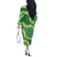 Green Palaka Hawaii Mele Kalikimaka Off The Shoulder Long Sleeve Dress Ohia Lehua Monstera Puakenikeni Lei - Polynesian Pride