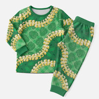Green Palaka Hawaii Mele Kalikimaka Christmas Pajama Set Ohia Lehua Monstera Puakenikeni Lei - Polynesian Pride