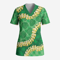 Green Palaka Hawaii Mele Kalikimaka Scrub Top Ohia Lehua Monstera Puakenikeni Lei - Polynesian Pride