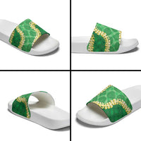 Green Palaka Hawaii Mele Kalikimaka Slide Sandals Ohia Lehua Monstera Puakenikeni Lei - Polynesian Pride