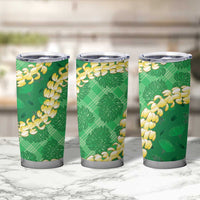 Green Palaka Hawaii Mele Kalikimaka Tumbler Cup Ohia Lehua Monstera Puakenikeni Lei - Polynesian Pride