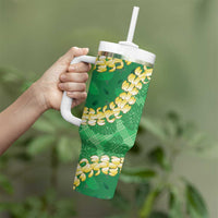 Green Palaka Hawaii Mele Kalikimaka Tumbler With Handle Ohia Lehua Monstera Puakenikeni Lei - Polynesian Pride