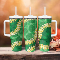 Green Palaka Hawaii Mele Kalikimaka Tumbler With Handle Ohia Lehua Monstera Puakenikeni Lei - Polynesian Pride